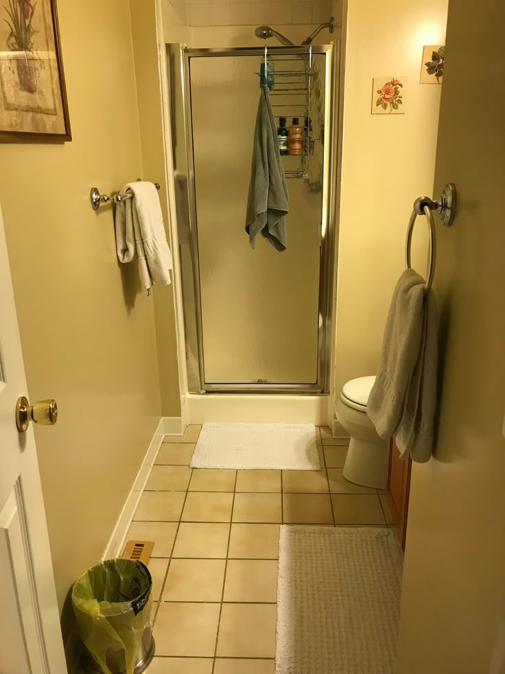 a bathroom with a walk in shower next to a white toilet and tiled flooring