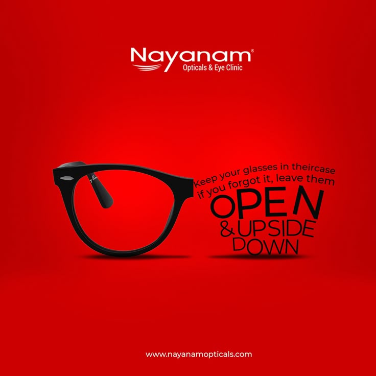 glasses with the words open and upside down on it, against a bright red background