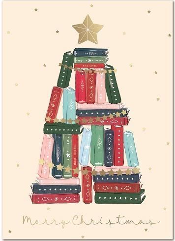 a christmas tree made out of books with a star on top and the words merry christmas written