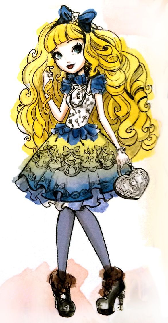 a drawing of a girl with long blonde hair wearing a blue dress and holding a purse