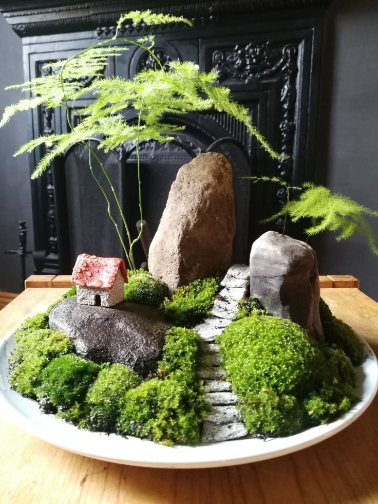 a plate with moss and rocks on it