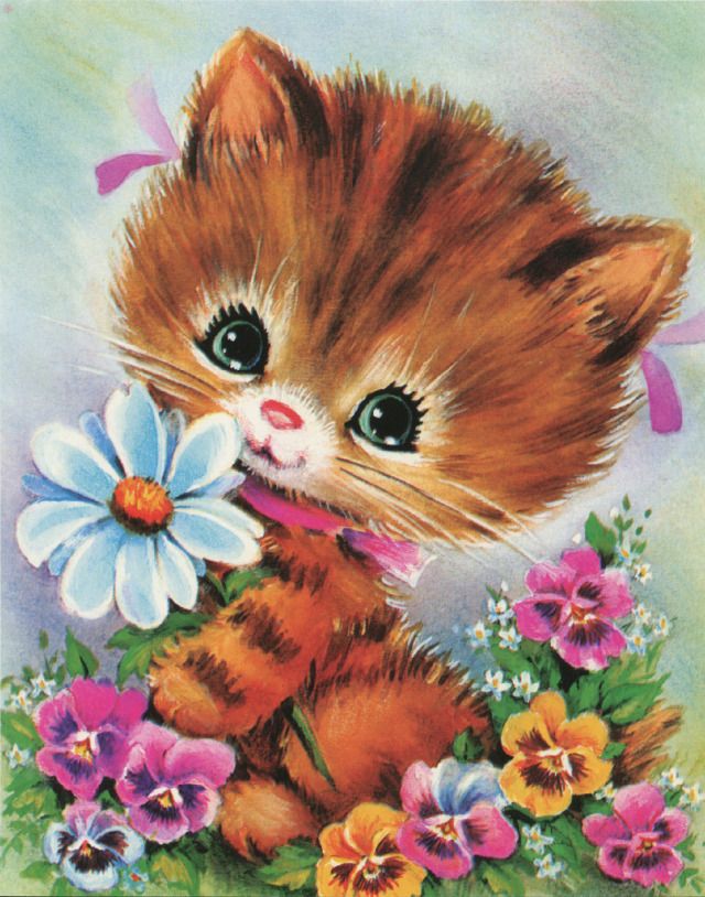 a painting of a kitten with flowers in it's mouth