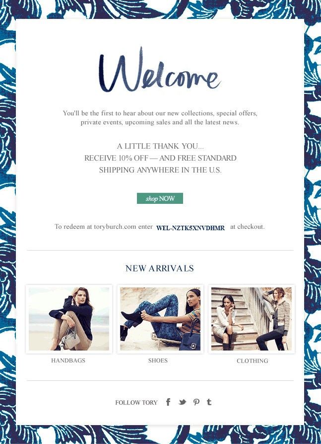 an email page for a clothing store with blue and white leaves on it, including the words welcome