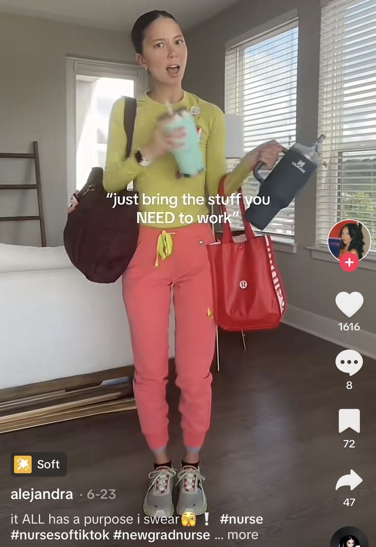 a woman in pink pants and yellow shirt holding a red bag with the caption, just bring the stuff you need to work