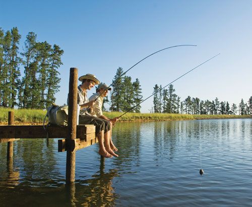 two people sitting on a dock fishing from the water while another person sits in the background