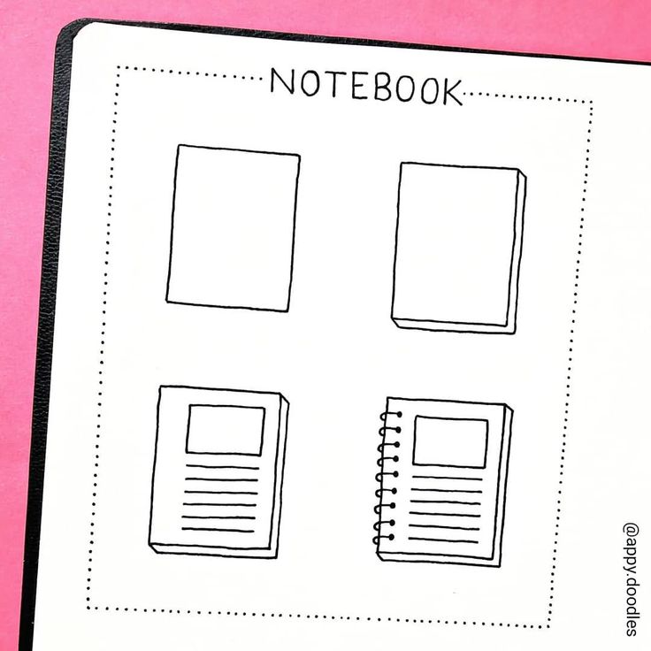 a notebook with three squares on it and the words notebook written in black ink next to each other