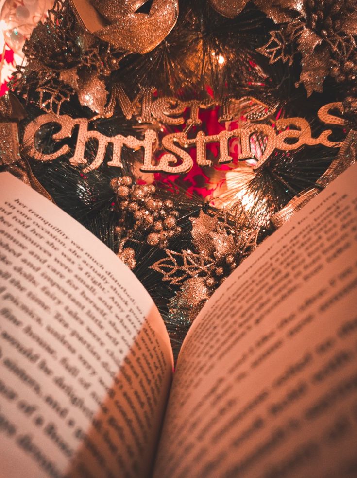 an open book sitting on top of a christmas tree