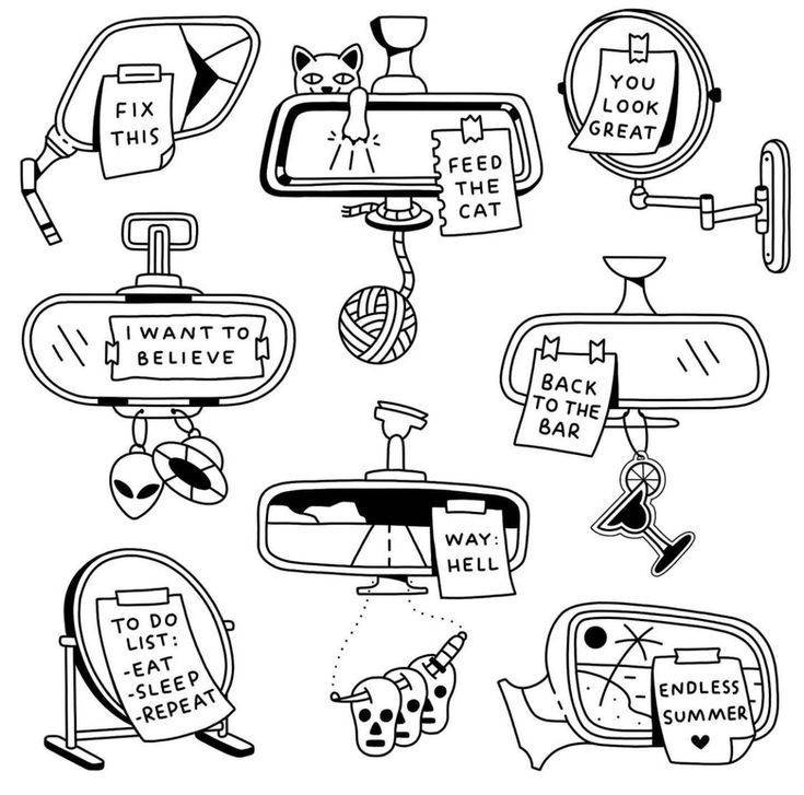 a black and white drawing of different things