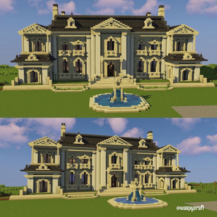 two views of the front and back of a large house with a fountain in front