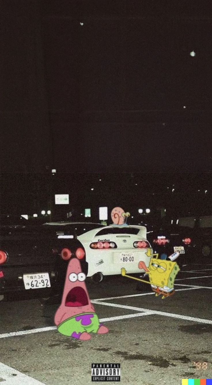 a cartoon character in the middle of a parking lot next to a white car with its mouth open