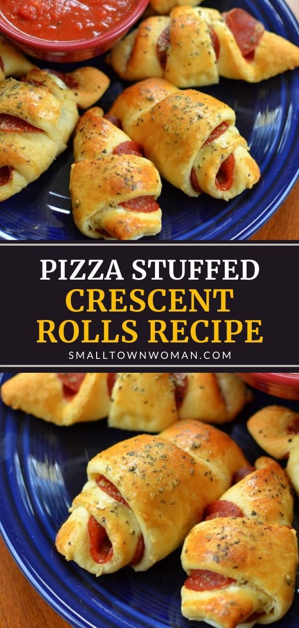 pizza stuffed crescent rolls are on a blue plate