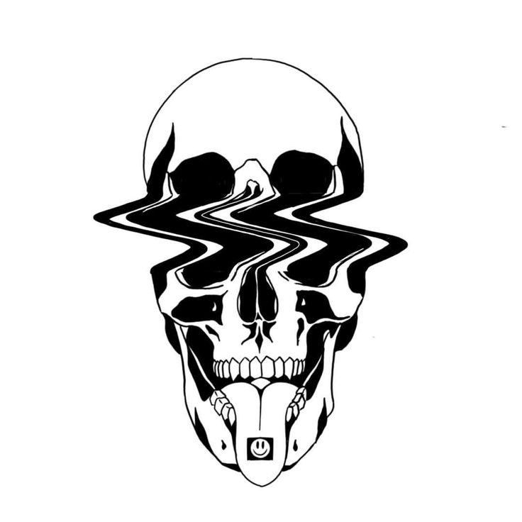 a black and white drawing of a skull with wavy lines on it's face