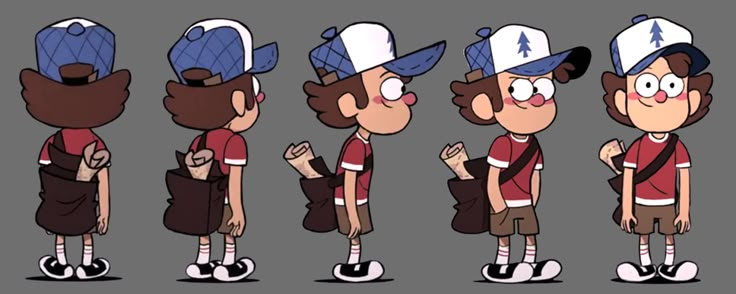 some cartoon character poses with different hats and clothes on, including one man wearing a baseball cap