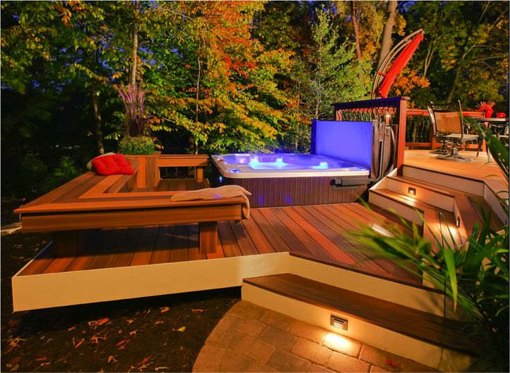 a hot tub sitting on top of a wooden deck