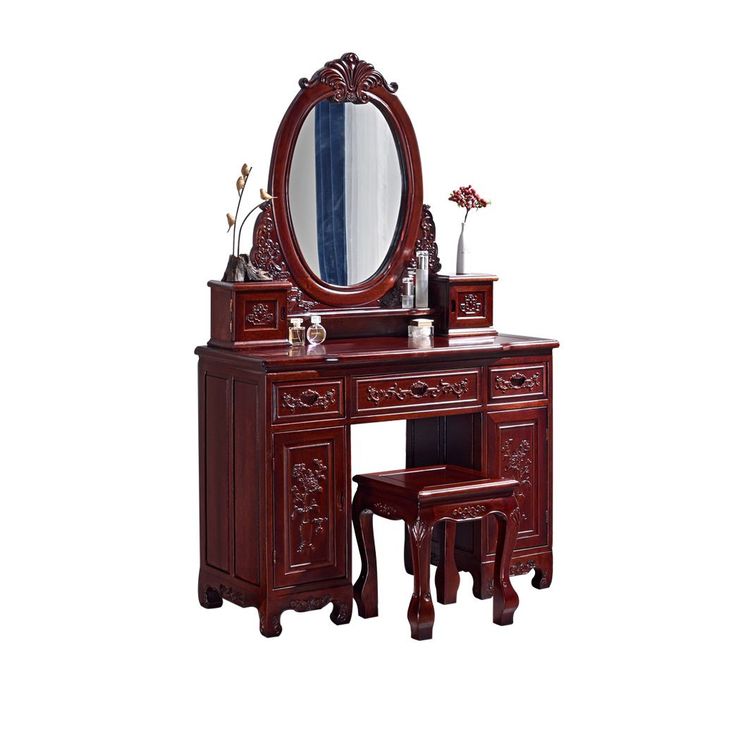 a wooden vanity with mirror and stools on top of the table in front of a white background