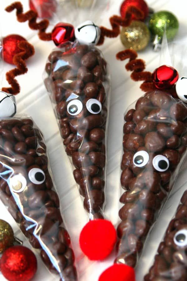 chocolate reindeer candies with eyes and noses on them are ready to be eaten for christmas