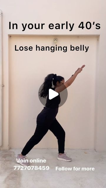 a woman is doing yoga in front of a sign that says, in your early 40's lose hanging belly