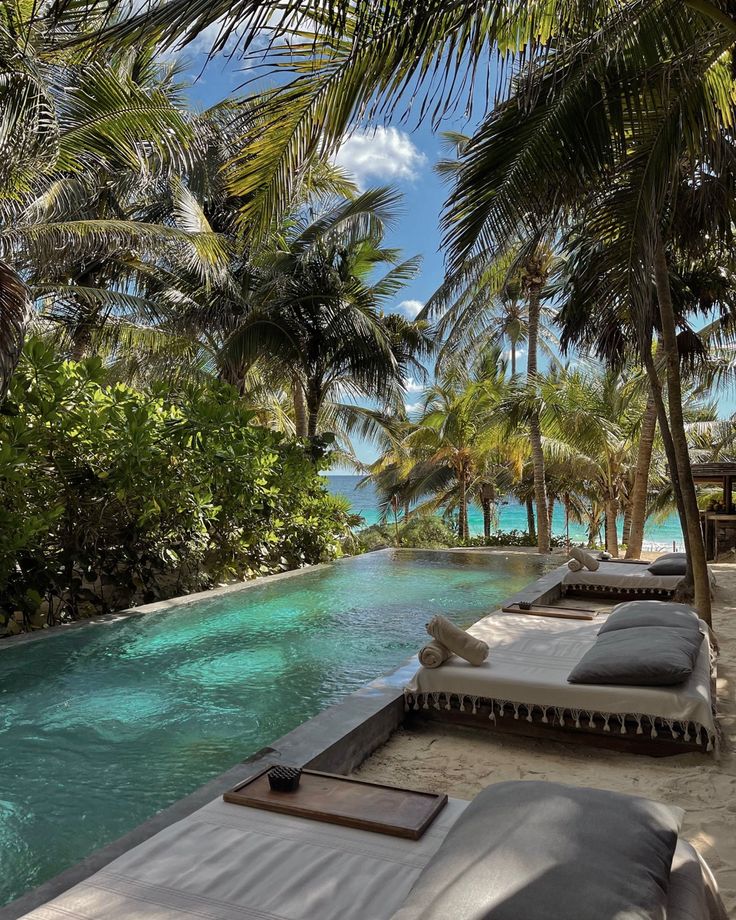 an outdoor swimming pool with chaise lounges and palm trees in the foreground