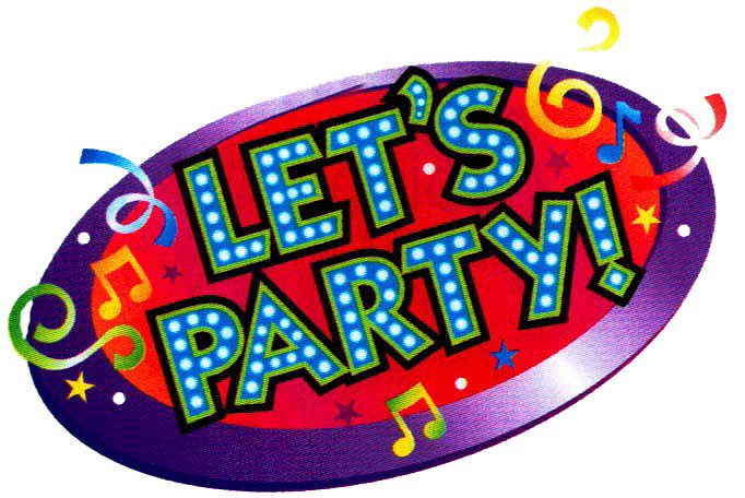 the let's party logo with musical notes and confetti