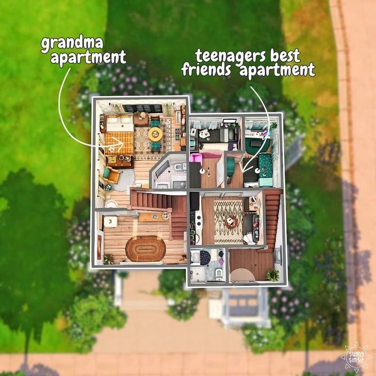 an aerial view of a house with the words grandma apartment and teenagers best friend apartment