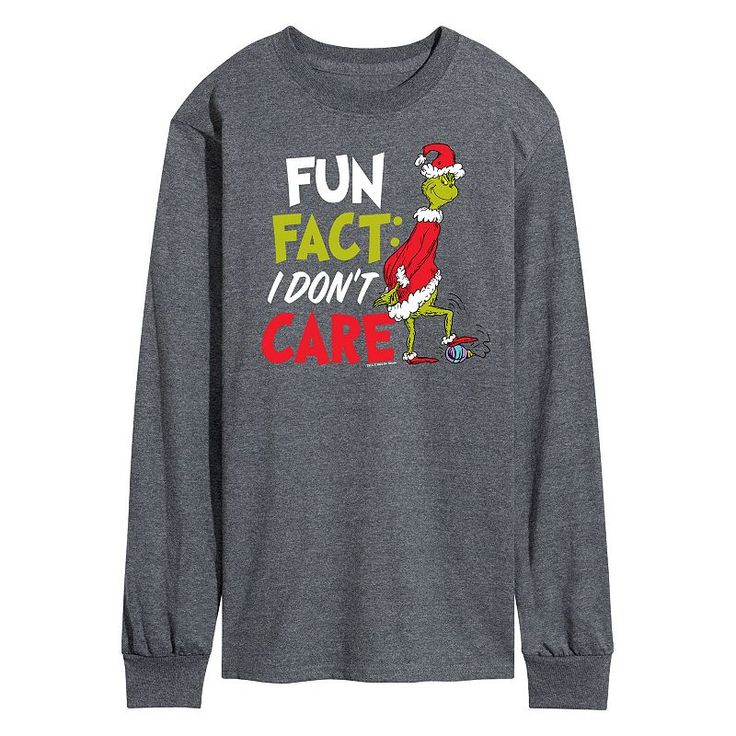 Keep the Grinch spirit alive with this funny Dr. Seuss Grinch Fun Fact long sleeve graphic tee. Keep the Grinch spirit alive with this funny Dr. Seuss Grinch Fun Fact long sleeve graphic tee. Crewneck Long sleevesFABRIC & CARE Cotton, polyester Machine wash Imported Color: Dark Grey. Gender: male. Age Group: adult. Funny Long Sleeve T-shirt For Fall, Novelty Long Sleeve T-shirt With Graphic Print, Casual Long Sleeve T-shirt With Funny Text, Relaxed Fit Long Sleeve Fun Tops, Fun Relaxed Fit Long Sleeve Tops, Comfortable Long Sleeve Tops With Text Print, Fun Long Sleeve Tops With Relaxed Fit, Graphic Tee With Character Print And Long Sleeves, Funny Print Long Sleeve Winter Tops