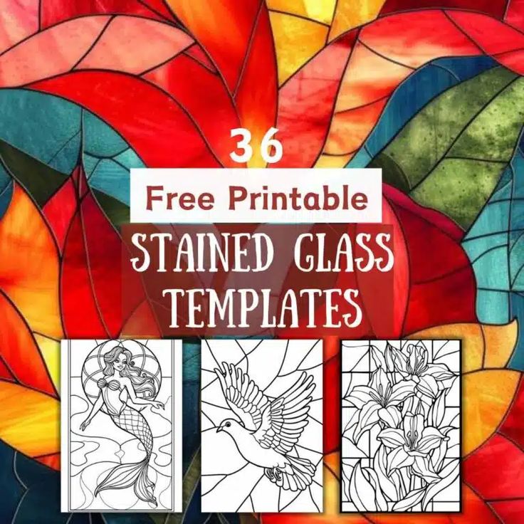 three stained glass images with the words free printable stained glass templates on them