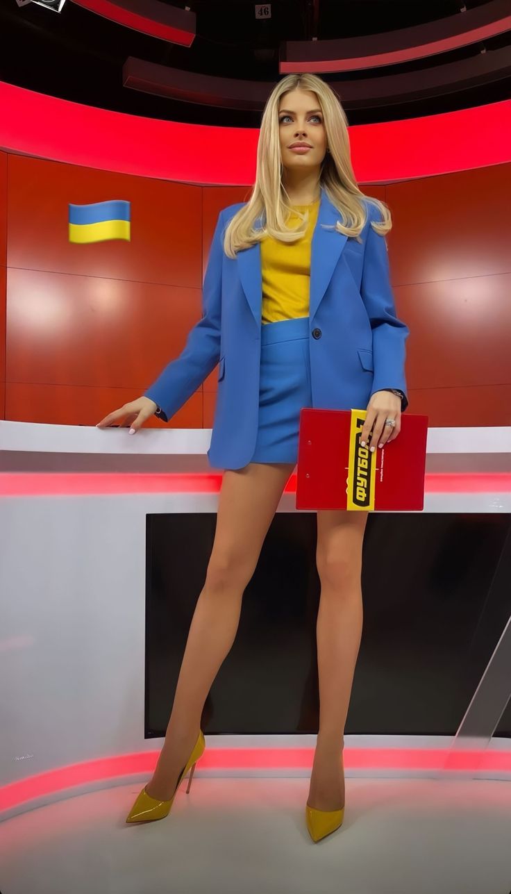 a woman in a blue suit and yellow shirt is posing for a photo on the tv set