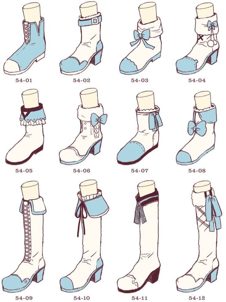 various types of boots with bows and laces on the sides, all in different colors