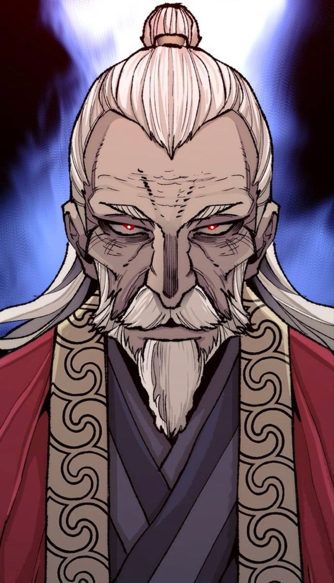 an old man with long white hair and red eyes wearing a crown on top of his head