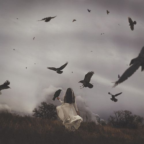 a woman standing in a field with birds flying around her and looking at the sky