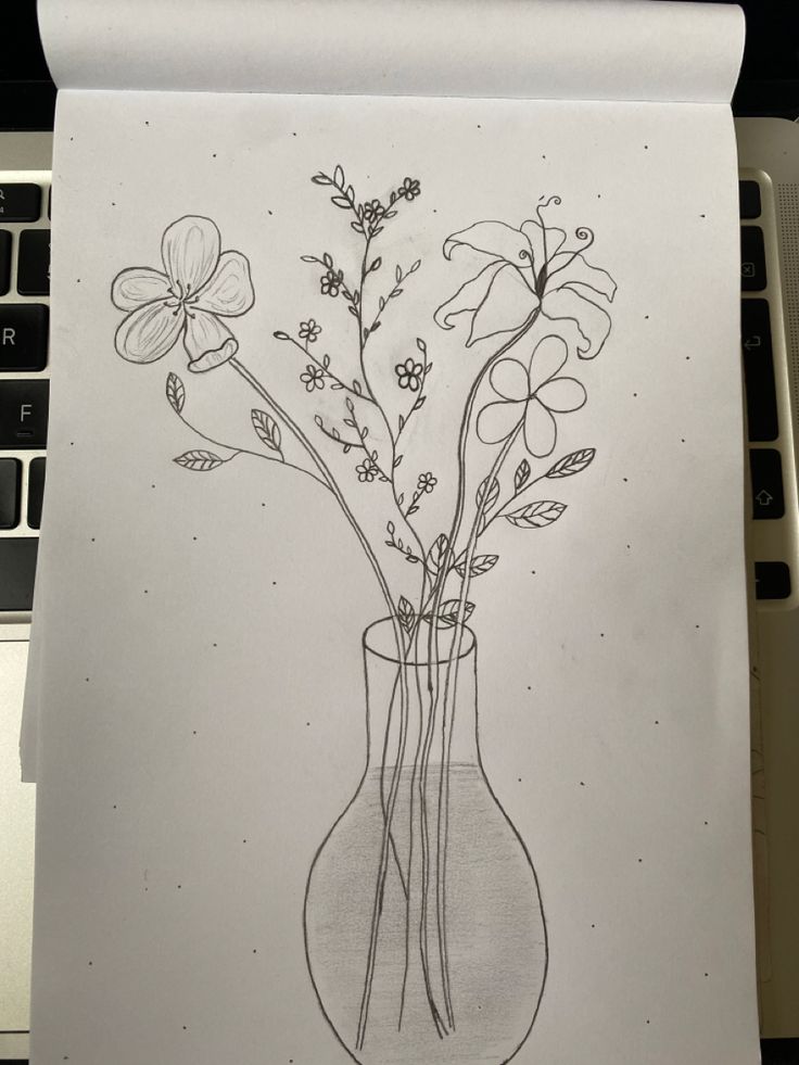 Thin lines by pencil, flowers, leaves, water, flower pot, very aesthetic and cute and detailed Pot Flowers Drawing, Flowers In Pots Drawing, How To Draw A Flower Pot, Flower Drawing In Vase, Flower Pot Art Drawing, Sketsa Flora Simple, Flowers Aesthetic Drawing Easy, Flower Pot Sketch, Flower Vase Sketch