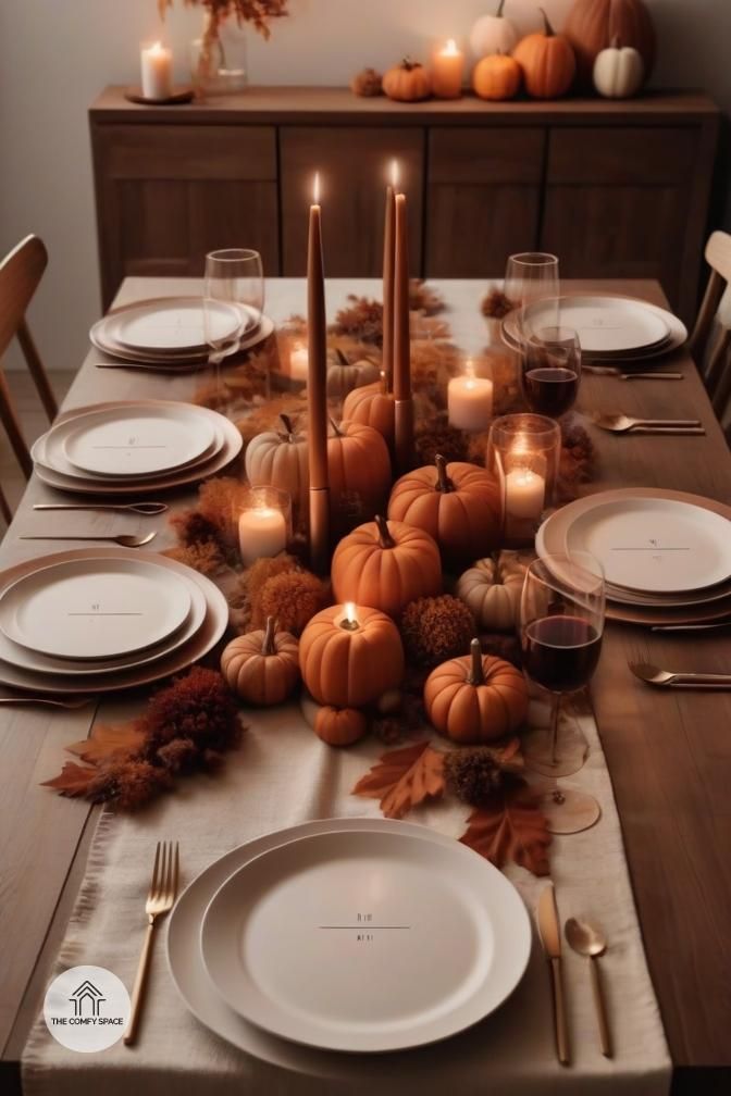 a table set for thanksgiving dinner with candles and pumpkins in the center, surrounded by other place settings