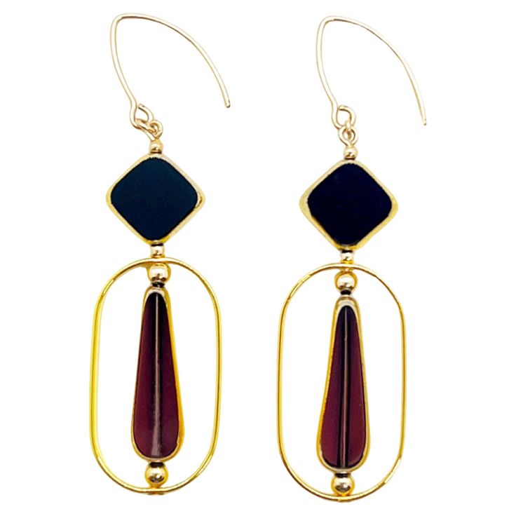 The earrings are light weight and are made to rotate and reposition with movement. The earrings consist of black diamond and burgundy long teardrop shaped beads. They are new old stock vintage German glass beads that are framed with 24K gold. The beads were hand pressed during the 1920s-1960s. No two beads are exactly alike. These beads are no longer in production thus making them rare and collectible. Due to the nature of this jewelry, it is unique. Product Detail: 24K gold edge German vintage Gold Art Deco Earrings, Soft Jewelry, Gold Bead Earrings, Deco Earrings, Gold Art Deco, Art Deco Earrings, Womens Casual, Diamond Shaped, Metal Beads