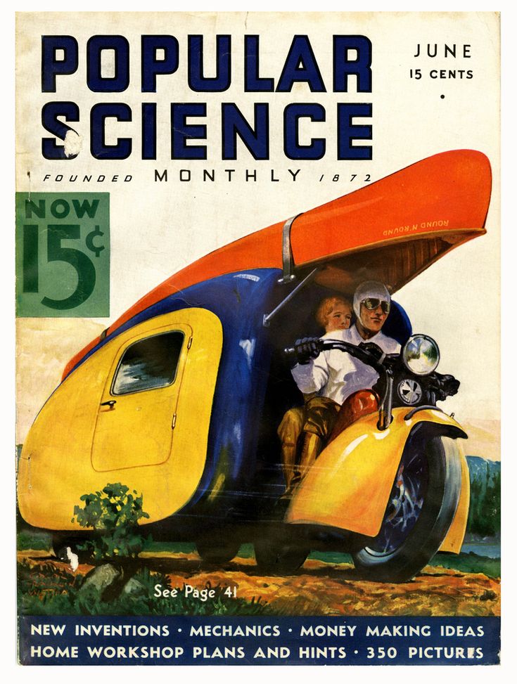 the cover of popular science magazine shows two people on a motorcycle with an orange and blue sidecar