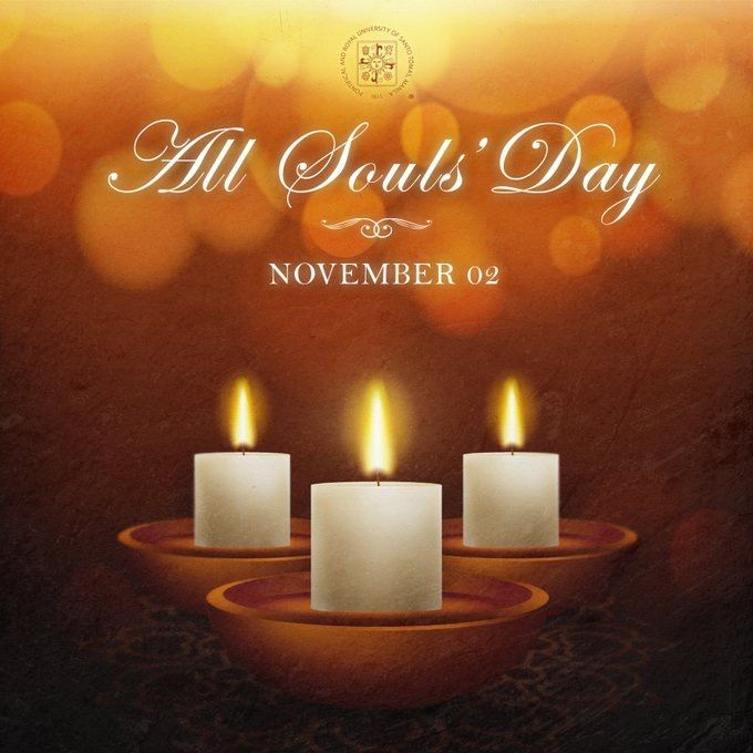 three white candles with the words all soul's day written on them in front of an orange and yellow background