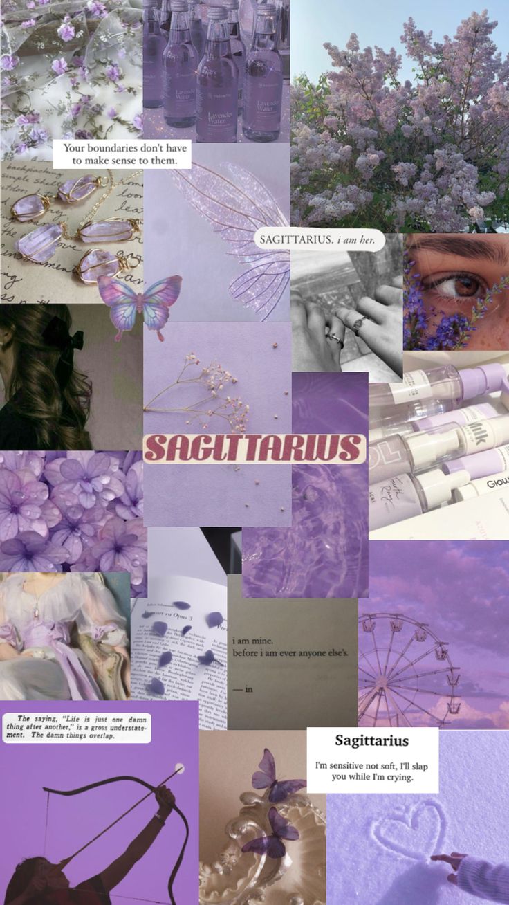 the collage shows many different things in purple and lavender colors, including flowers, butterflies,