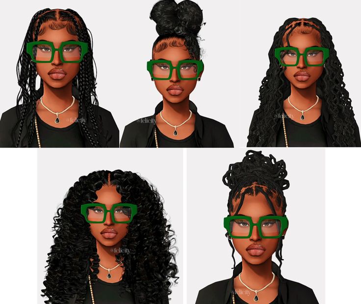 four different images of a woman with green glasses