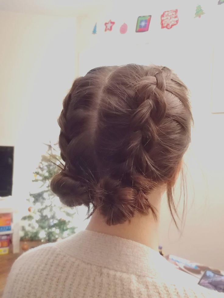 Dutch braids into 2 low space buns Dutch Braids Into Two Low Buns, Braid Bun Hairstyles Short Hair, Low Space Buns Braided, Braided Space Buns Low, Two Low Buns Short Hair, Dutch Braid Space Buns Tutorial, Two Braids Into Low Bun, Low Braided Space Buns, 2 Braid Bun Hairstyles