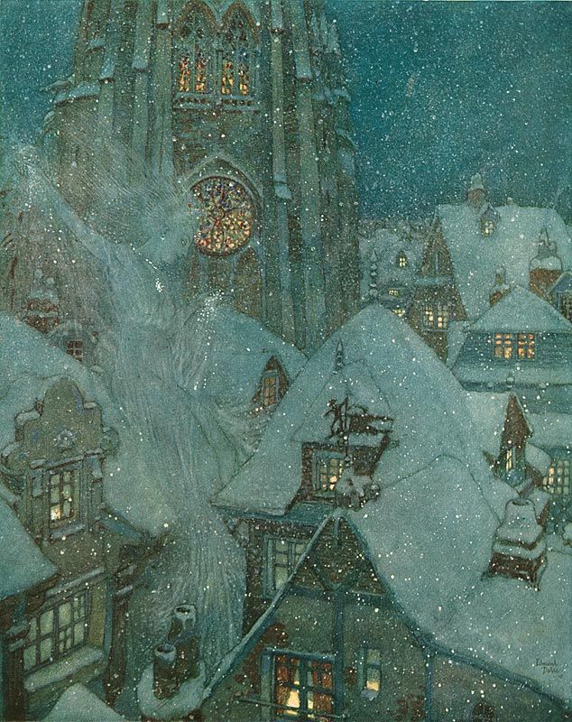 an image of a snowy night with buildings and clock tower in the background at night