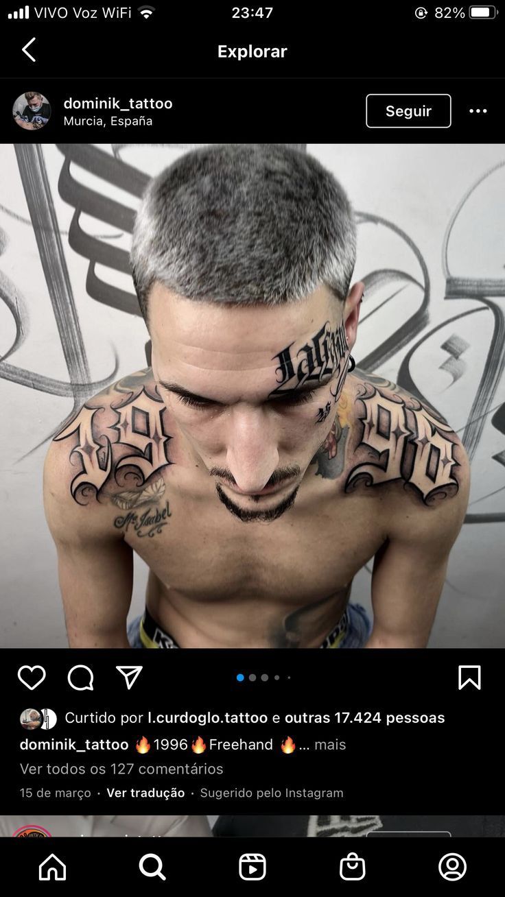 a man with tattoos on his face and chest