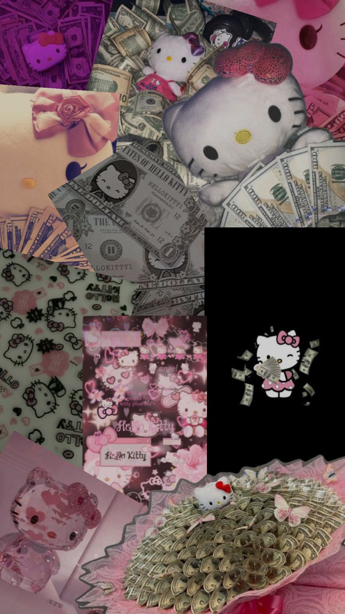 a collage of hello kitty pictures and money