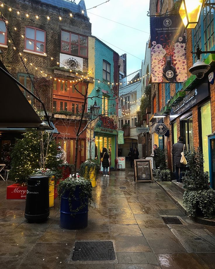 people walking down an alley way with christmas lights on the buildings and potted plants