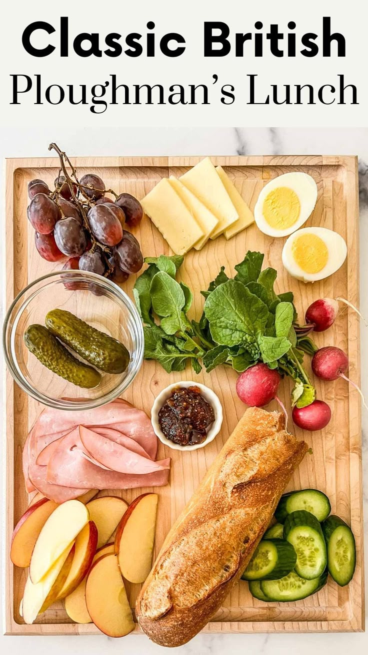 a wooden cutting board topped with lots of food