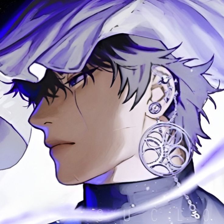 an anime character with white hair and blue eyes is staring at something in the distance