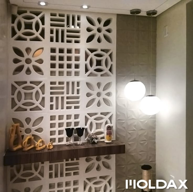 the interior of a bathroom with decorative wall panels