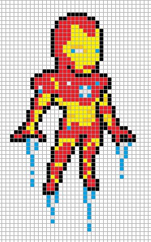 the iron man cross stitch pattern in red, yellow and blue with an arrow on it