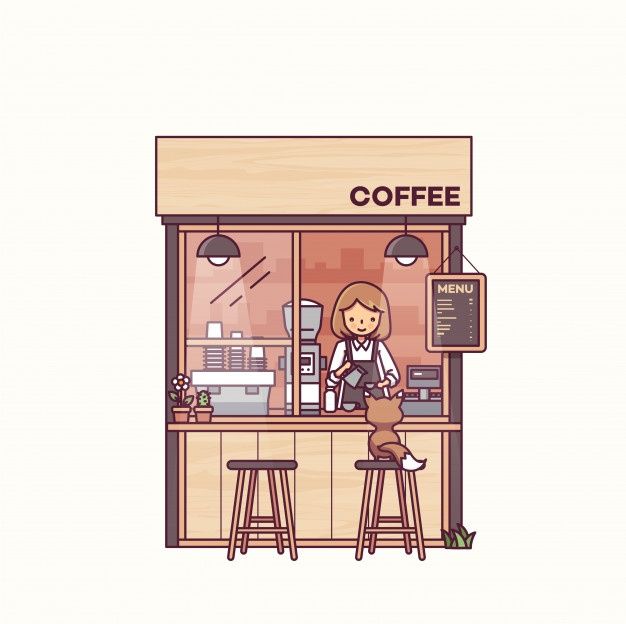 a woman sitting at a counter in front of a coffee shop