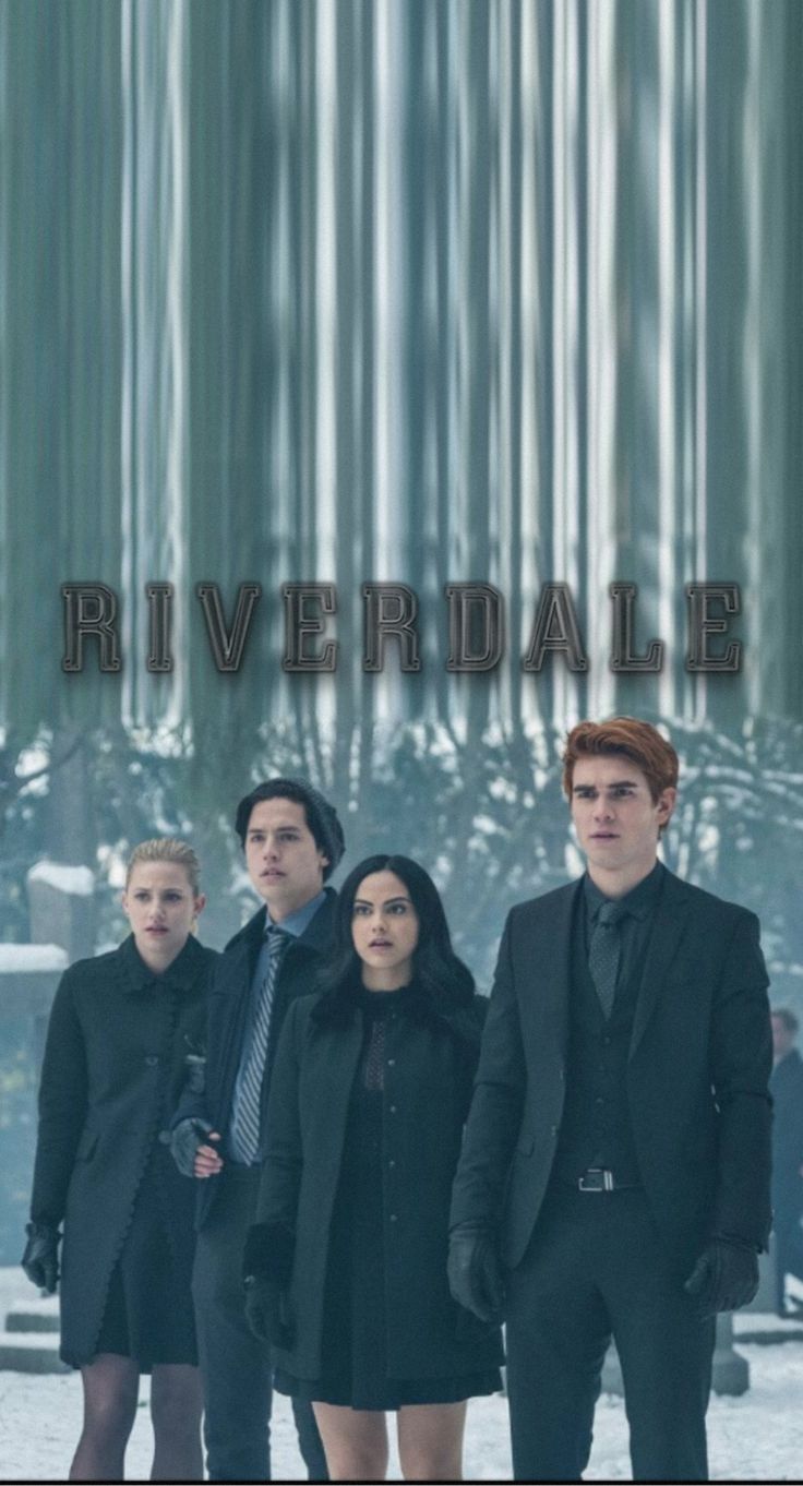 the cast of riverdale standing in front of a sign that says riverdale on it