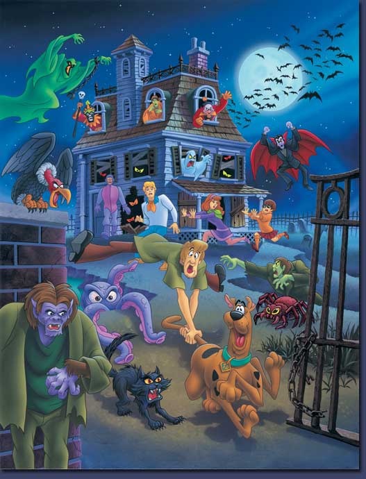 a painting of cartoon characters in front of a house with bats and witches on it