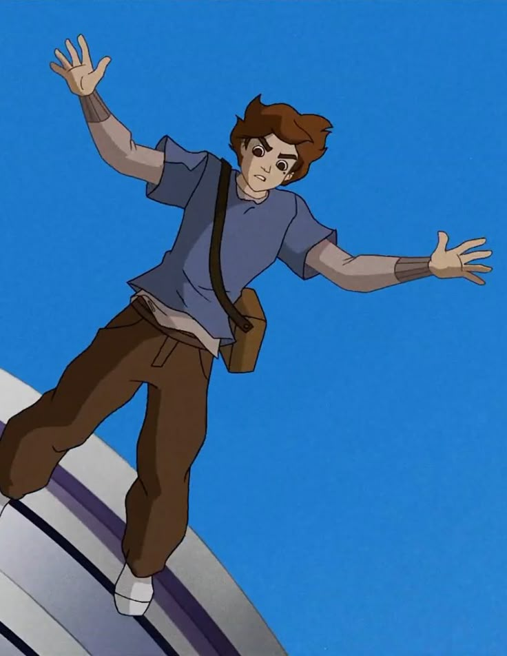 an animated image of a man on a skateboard in the air with his arms outstretched